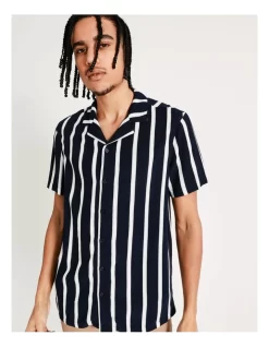 Salar Stripe Print Short Sleeve Rayon Shirt In Black