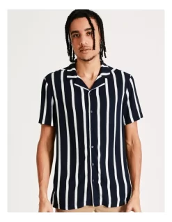 Salar Stripe Print Short Sleeve Rayon Shirt In Black -Men Clothing Store 899103340 4 720x928