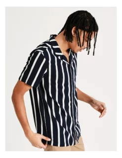 Salar Stripe Print Short Sleeve Rayon Shirt In Black -Men Clothing Store 899103340 7 720x928