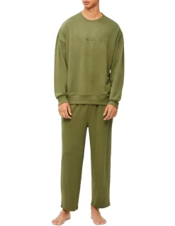 Calvin Klein Embossed Icon Lounge Long Sleeve Sweat Top In Olive