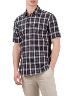 Ben Sherman Textured Check Short Sleeve Shirt In Marine