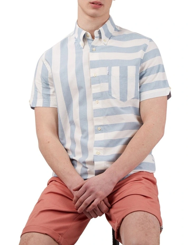 Ben Sherman Patchwork Candy Stripe Short Sleeve Shirt In White/Blue 8 Ben Sherman Patchwork Candy Stripe Short Sleeve Shirt In White/Blue - Image 6