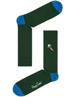 Happy Socks UFO Embroidery Ribbed Socks In Green