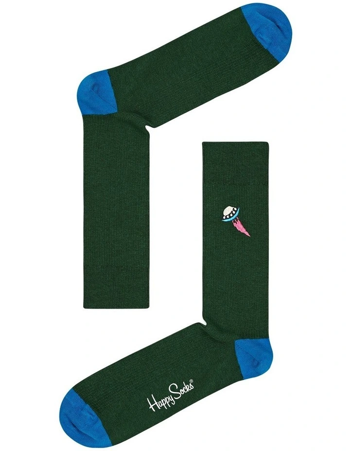 Happy Socks UFO Embroidery Ribbed Socks In Green 3 Happy Socks UFO Embroidery Ribbed Socks In Green