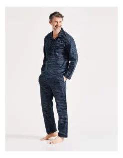Long Sleeve Sateen PJ Set In Navy Diamond
