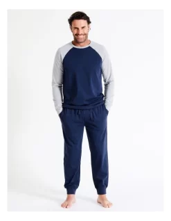 Essentials Long Sleeve Raglan Tee & Knit Jogger PJ Set In Navy