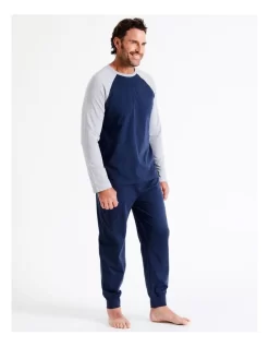 Essentials Long Sleeve Raglan Tee & Knit Jogger PJ Set In Navy -Men Clothing Store 963389350 3 720x928
