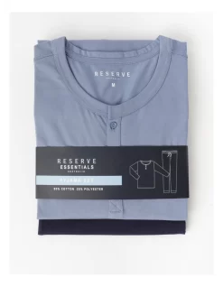 Essentials Long Sleeve Henley Tee & Knit Jogger PJ Set In Blue