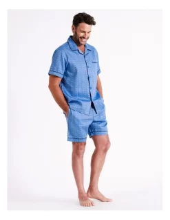 Short Sleeve Sateen Cotton PJ Set In Mid Blue/Navy -Men Clothing Store 963390160 3 720x928