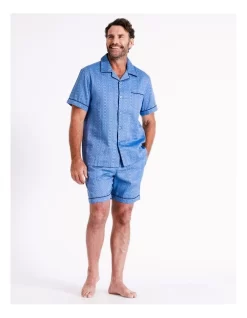Short Sleeve Sateen Cotton PJ Set In Mid Blue/Navy -Men Clothing Store 963390160 7 720x928