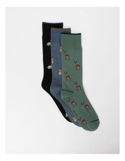 3 Pair Pack Patterned Crew Length Socks Woodland Designs In Assorted Colours