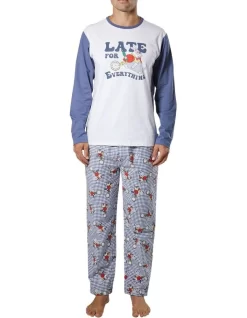 I'm Late Mens Tee And Flannelette Pant PJ Set In Blue